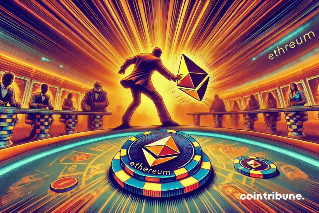 Une table de casino futuriste, avec des jetons ornés du logo Ethereum.