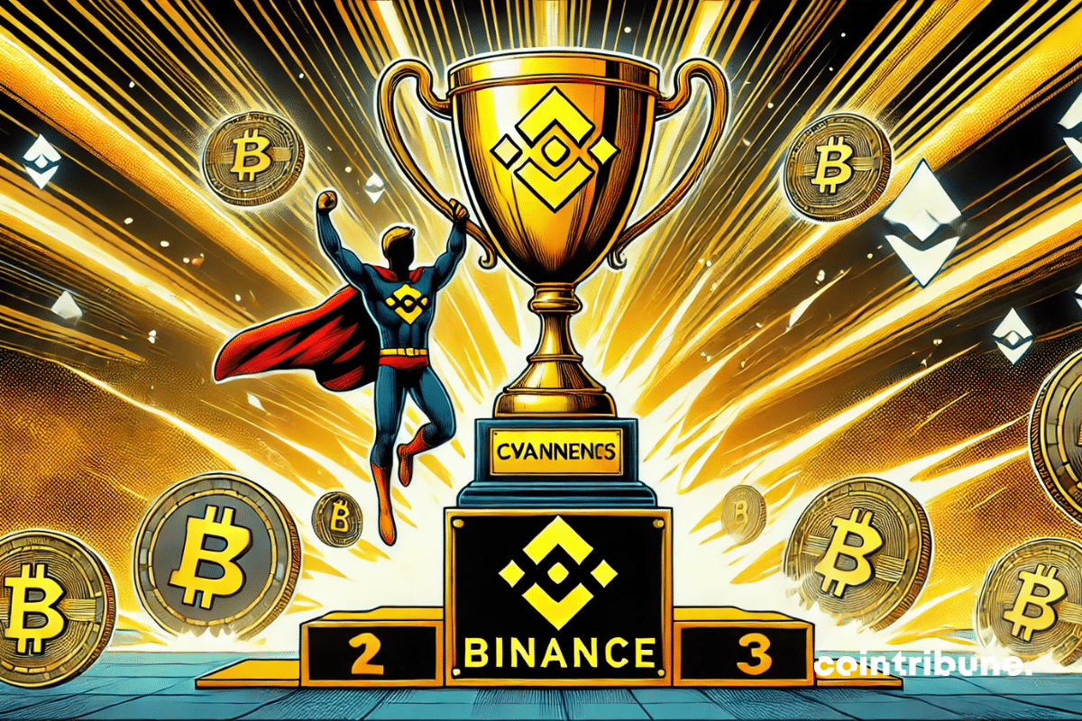 Un trophée géant avec le logo de Binance gravé dessus, entouré de pièces crypto. Une figure triomphante, bras levés, sur un podium.