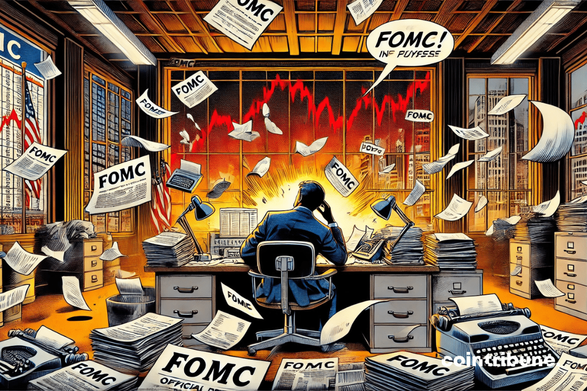 Un bureau officiel avec des documents marqués "FOMC" en évidence. Un analyste anxieux de l'univers crypto et en particulier du Bitcoin, entouré de feuilles volant dans les airs.