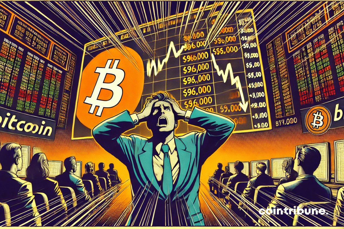 Un écran géant affichant une chute dramatique du cours du Bitcoin, avec un graphique descendant en rouge vif.