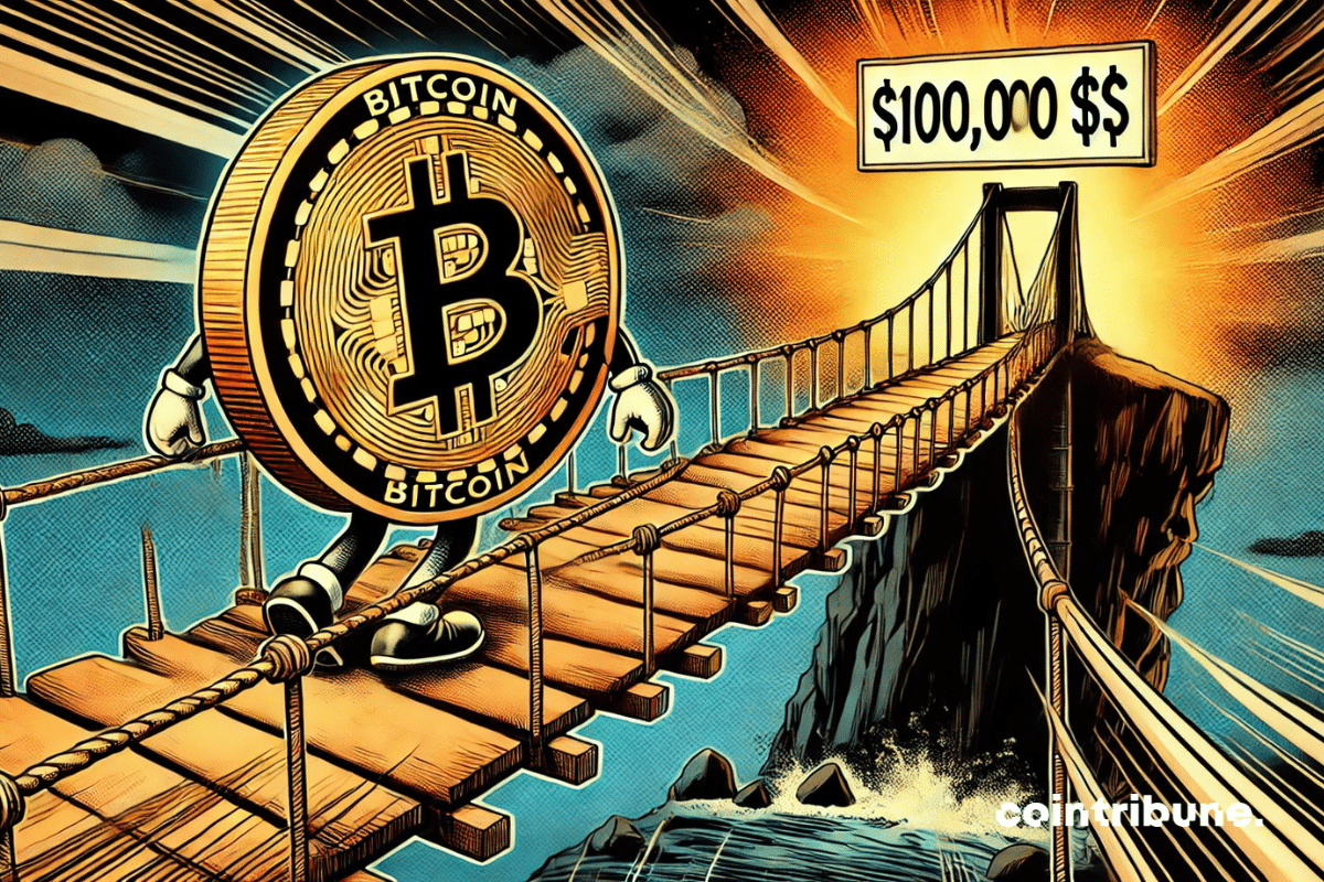 Pont suspendu : Un Bitcoin traverse un pont fragile vers un panneau lumineux affichant "100,000 $".