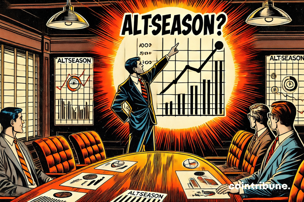 Une grande salle de conférence avec un tableau blanc montrant le mot "altseason" lié aux altcoins écrit au centre, entouré de graphiques et de chiffres. Un expert crypto en costume pointant vers le tableau, un air réfléchi.