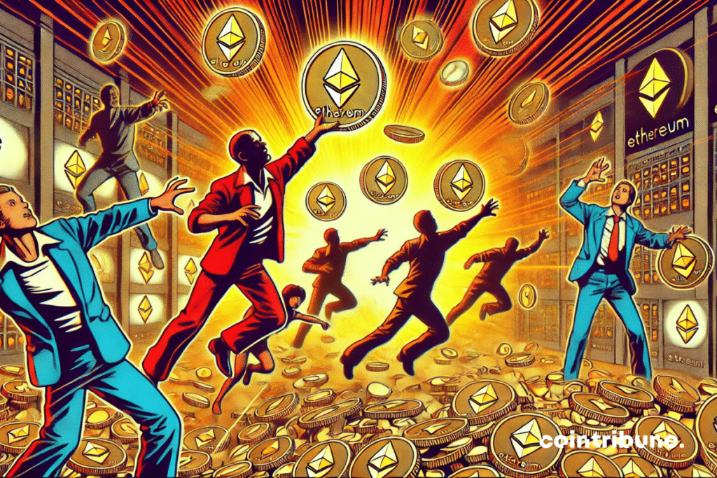 A futuristic scene in the crypto universe with Ethereum coins floating in the air, surrounded by characters trying to catch them.