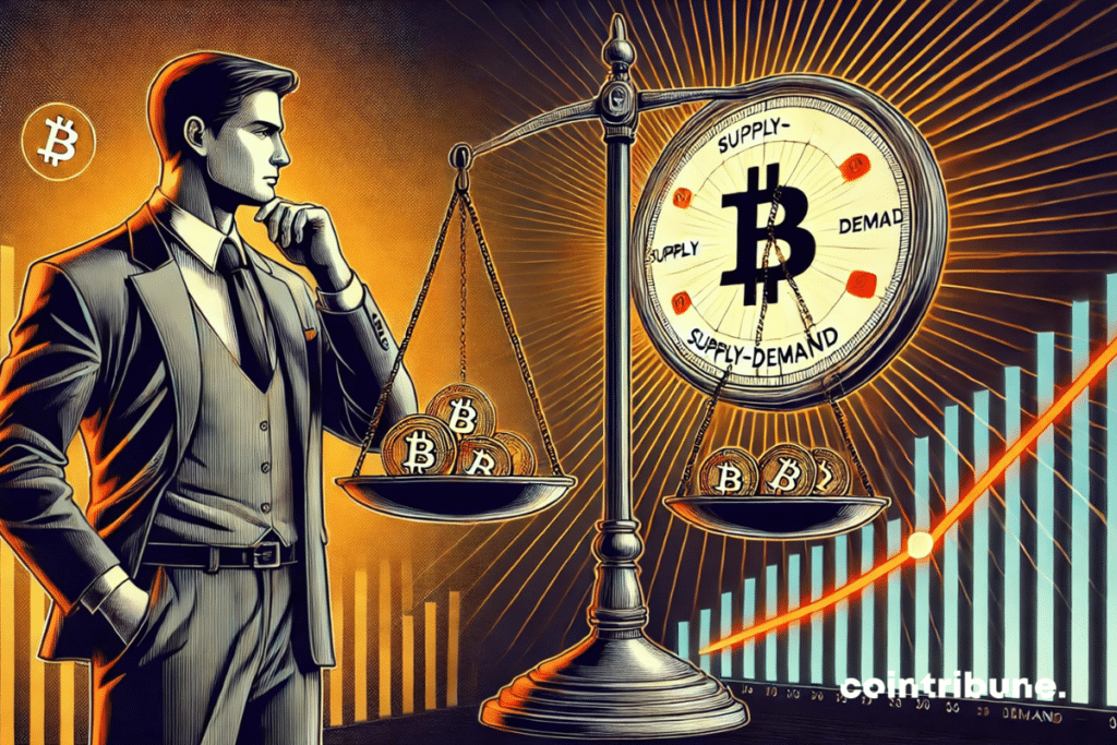 Une balance classique avec des Bitcoins d'un côté et un graphique lumineux de l'autre. Un analyste en pleine réflexion, penché vers la balance.