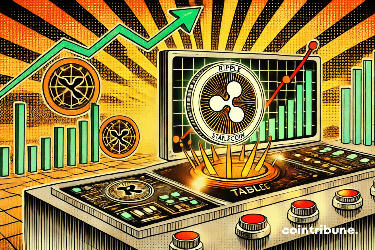 Una oficina de alta tecnología con una pantalla que muestra una transacción validada en la blockchain de Ripple.