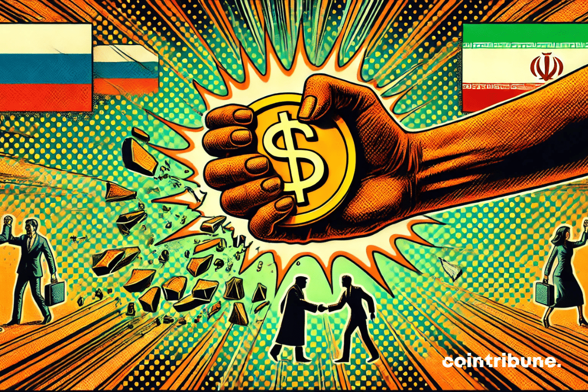 A giant hand holding a BRICS coin crushes a cracked dollar symbol. In the background, lines of light converge towards the coin.