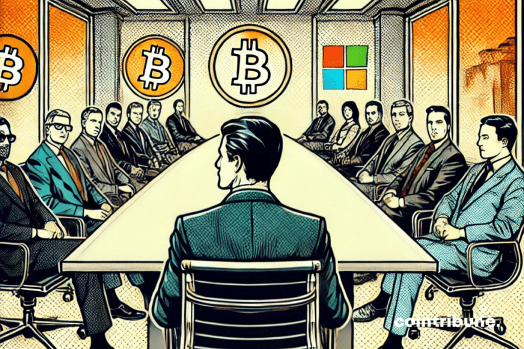 Le personnage est assis en bout de table, avec les logos Bitcoin et Microsoft visibles en bas. La scène conserve une ambiance tendue et formelle, parfaitement adaptée à une illustration moderne.