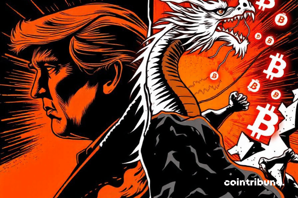 Illustration montrant Donald Trump face à un dragon symbolisant une crise de Bitcoin, avec des logos Bitcoin qui tombent comme des impacts.