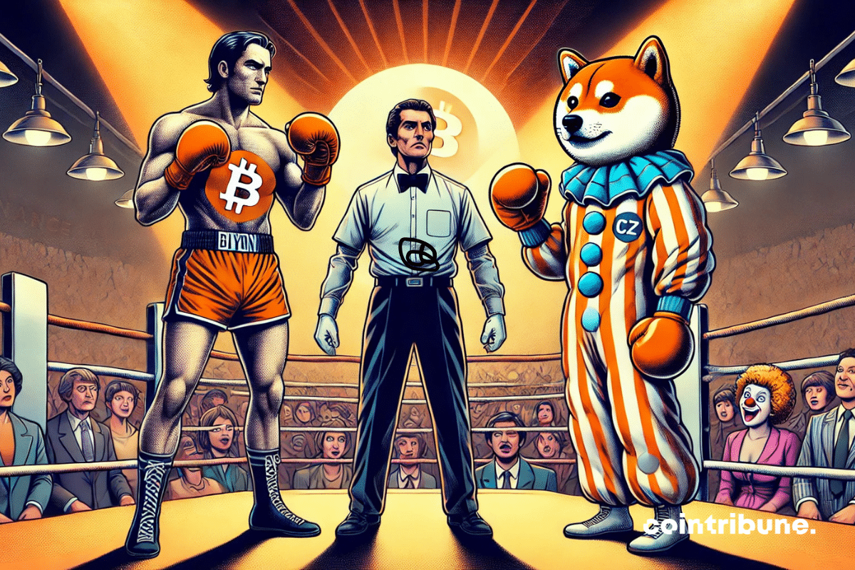 Un boxeur Bitcoin affronte un clown Shiba Inu (memecoin) dans un ring sous le regard d'un arbitre.