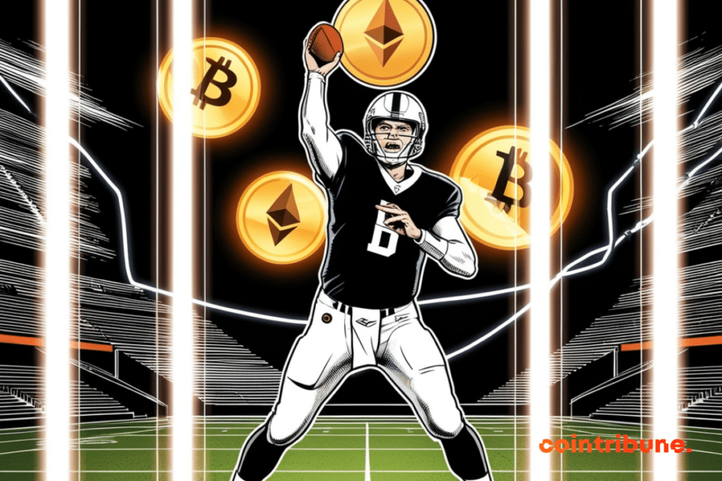 Illustration de Bo Hines sur un terrain de foot avec des pièces de crypto