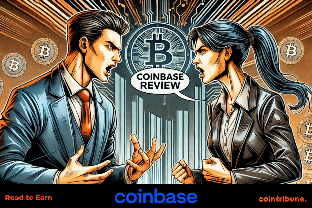 Deux personnes en costume qui donnent leurs avis sur Coinbase