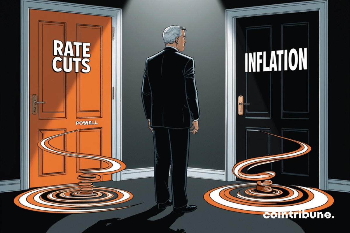 Ilustración de Jerome Powell dudando entre recortar los tipos de interés oficiales de la Fed ante la inflación