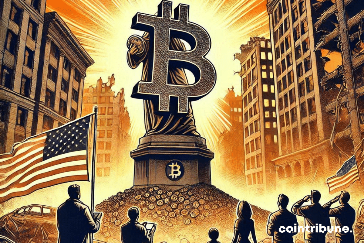 Statue Bitcoin et ambiance de désolation aux USA