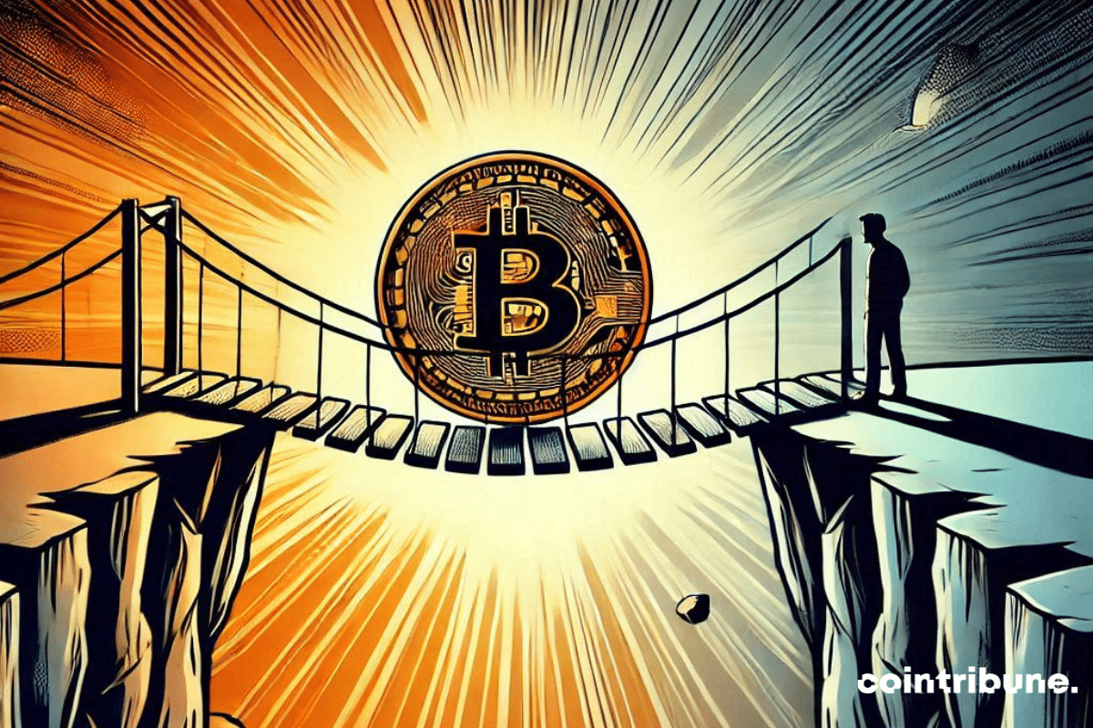 Pièce de bitcoin vacillant sur un pont