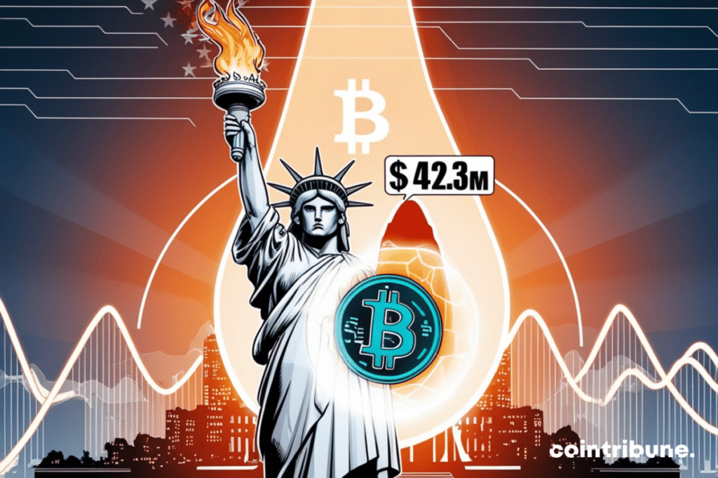 Statue de la liberté et logo de bitcoin montrant des chiffres à 42,3 millions de dollars