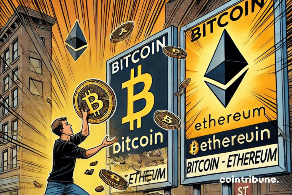 Enseigne Bitcoin et Ethereum en ruine et trader crypto