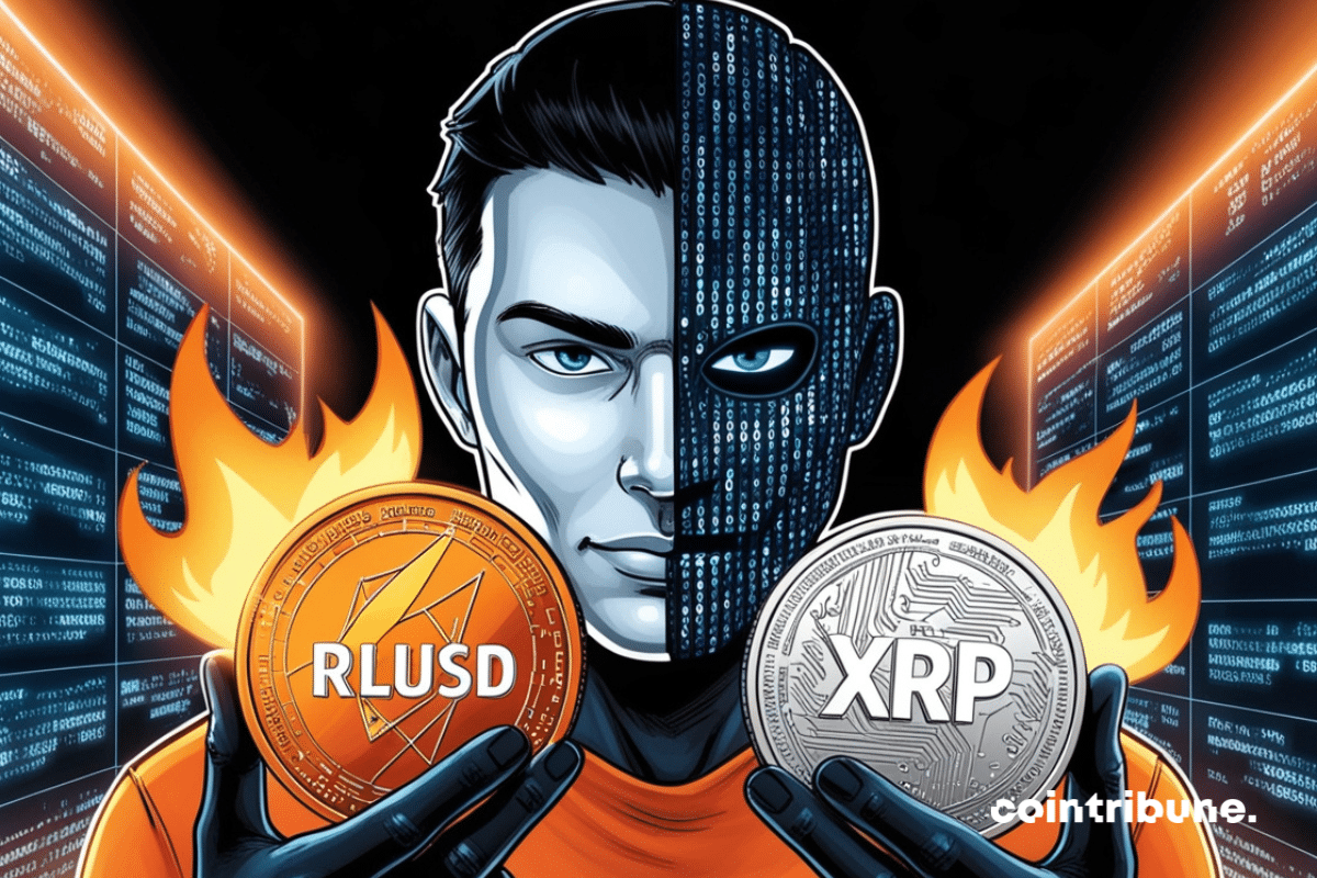 Personne mi-humaine mi-digitalisée tenant une pièce de RLUSD et une pièce de XRP