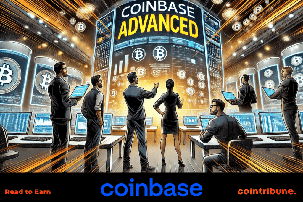 personas trajeadas mostrando en una pantalla gigante las ventajas y los costes de Coinbase Advanced para los comerciantes