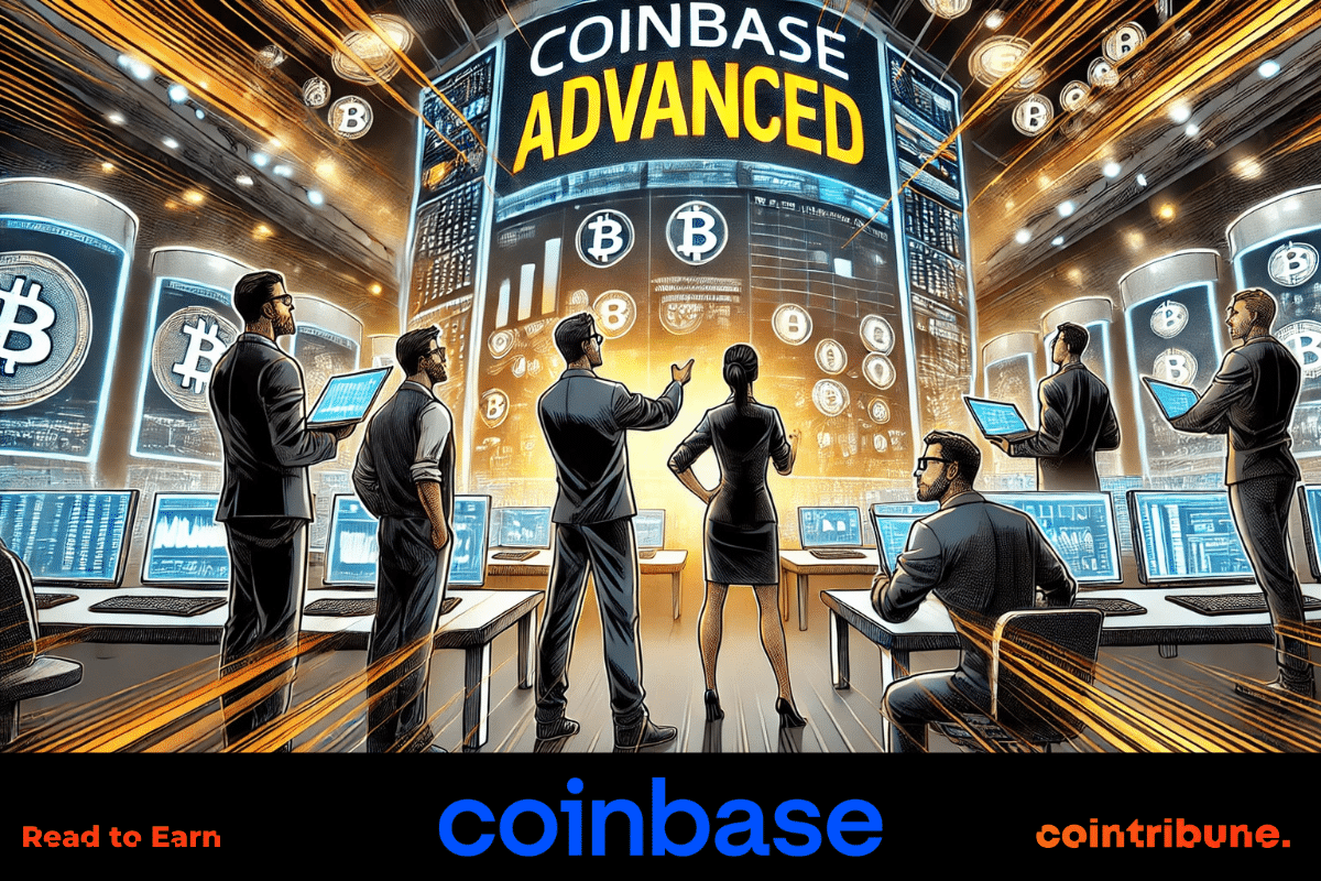 personas trajeadas mostrando en una pantalla gigante las ventajas y los costes de Coinbase Advanced para los comerciantes