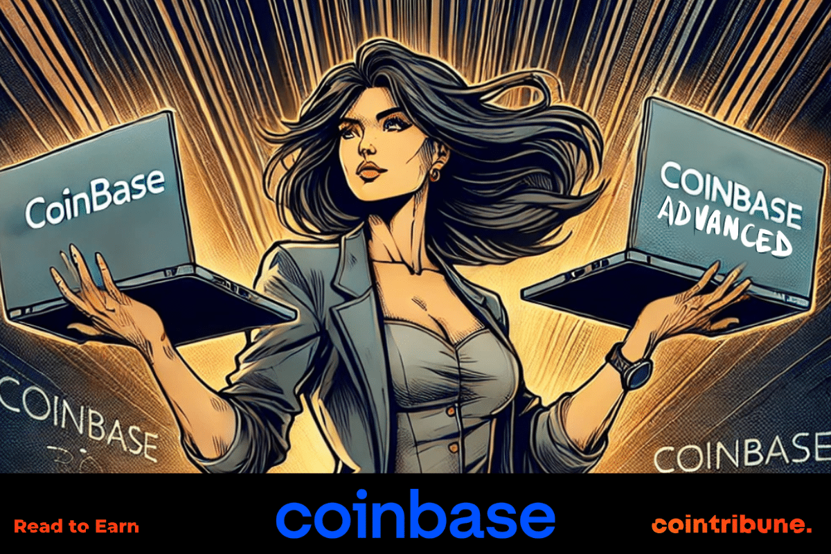 une femme brune en costume tenant dans l'une de ses mains un ordinateur sur lequel est marqué Coinbase et dans l'autre main un ordinateur sur lequel est écrit Coinbase Advanced