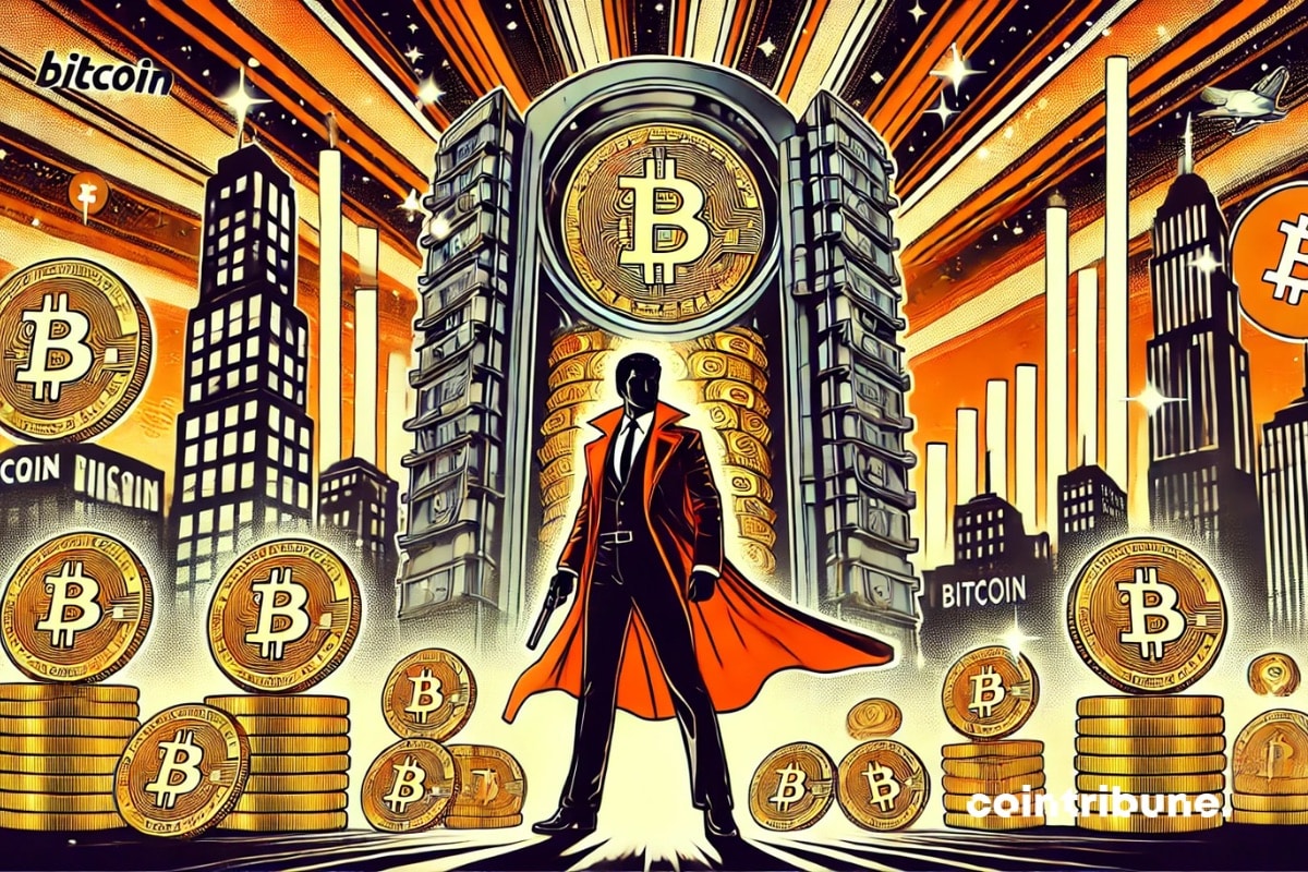 Un hombre ante una gran reserva de Bitcoin que representa a MicroStrategy