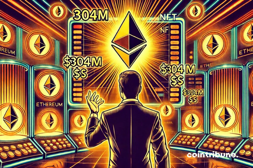 Un trader dans une salle de marché futuriste avec des NFT Ethereum flottant