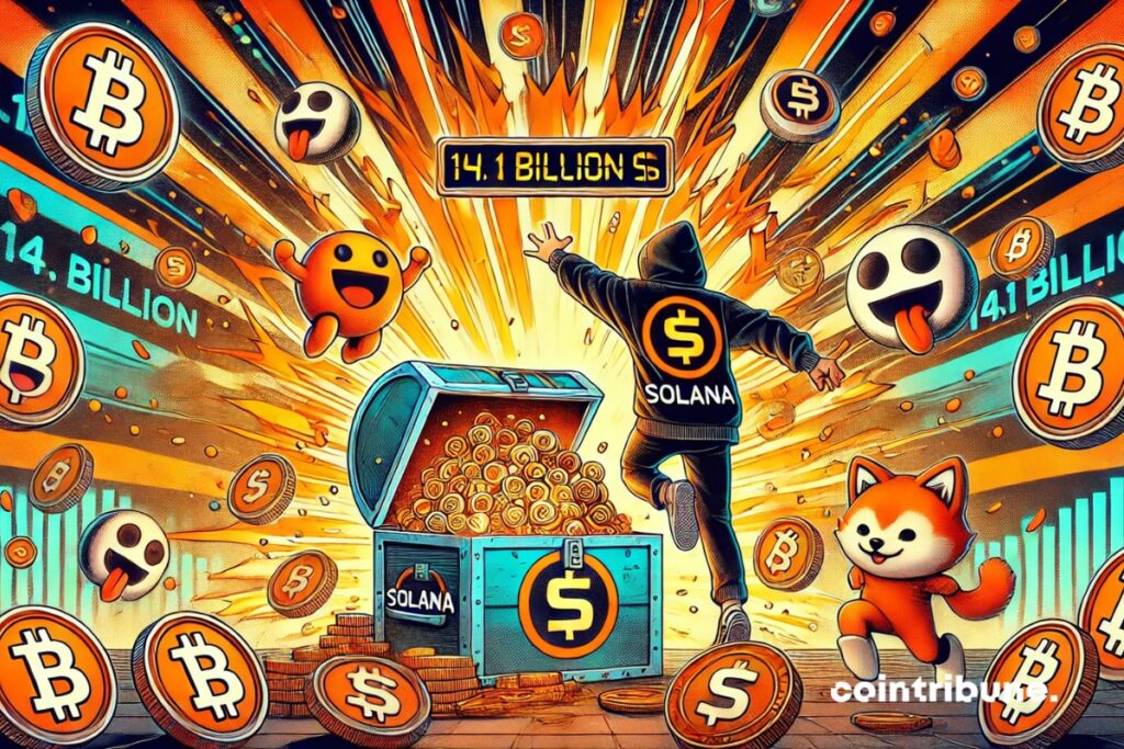 a visual explosion of crypto tokens with a stylized Solana mascot, seen from a wide angle.