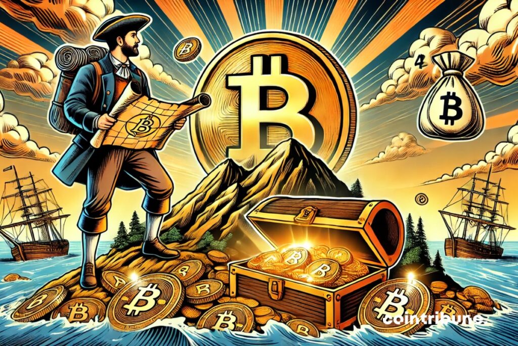 A golden island in the shape of a bitcoin, with mountains glittering in gold coins, an explorer holding a map that says 