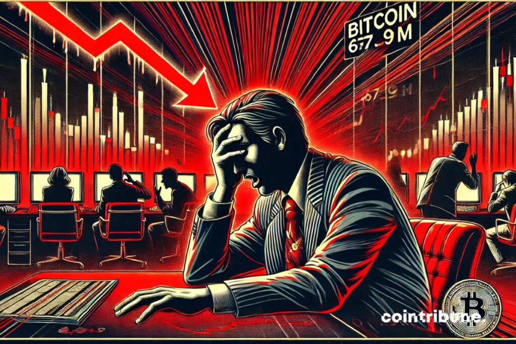 Bitcoin trader with hand on face, on background of falling red charts