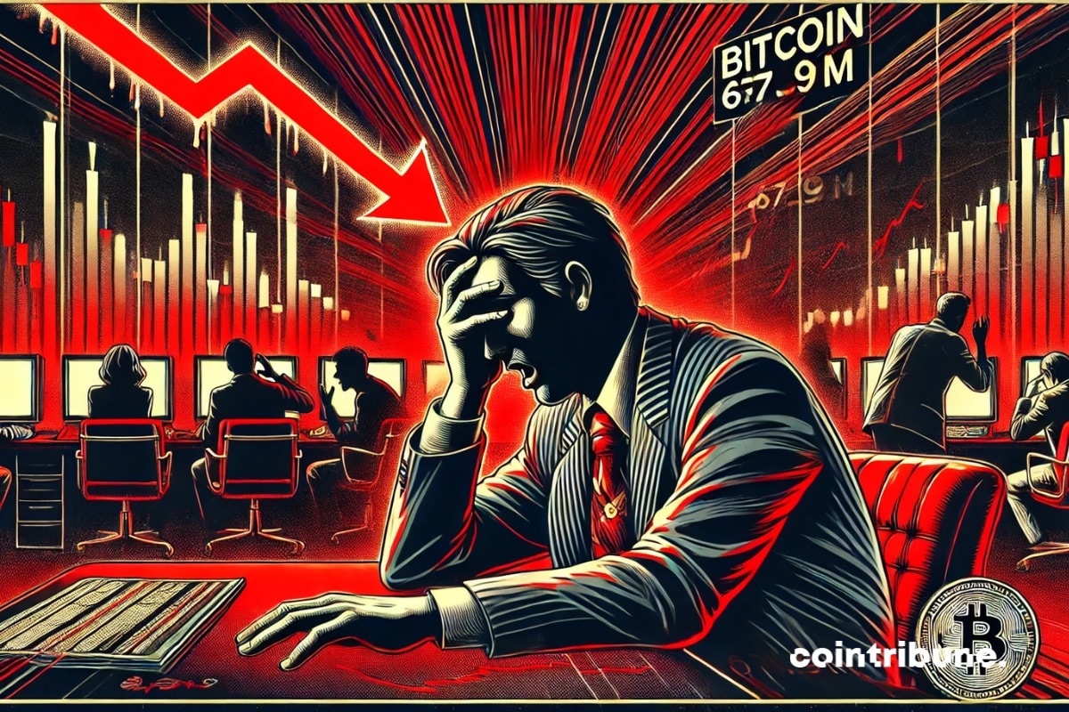 Bitcoin trader with hand over face, background of falling red charts