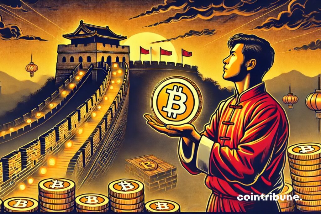 A man in Chinese attire holding a Bitcoin in front of the Great Wall.