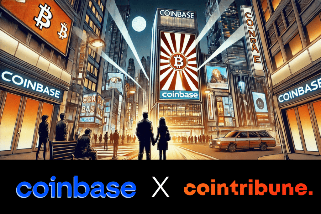 Une scène urbaine animée de nuit, mettant en avant des enseignes lumineuses de Coinbase et un écran central affichant un symbole Bitcoin, sous un ciel éclairé par la lune.