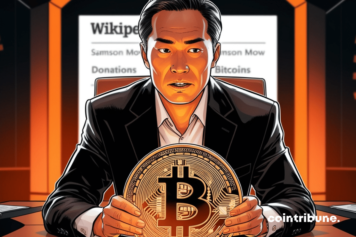 Portrait de Samson Mow tenant une pièce de bitcoin et encart de Wikipedia