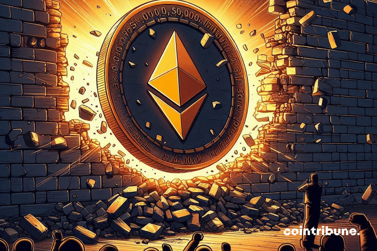 Pièce géante d'Ethereum brisant un mur