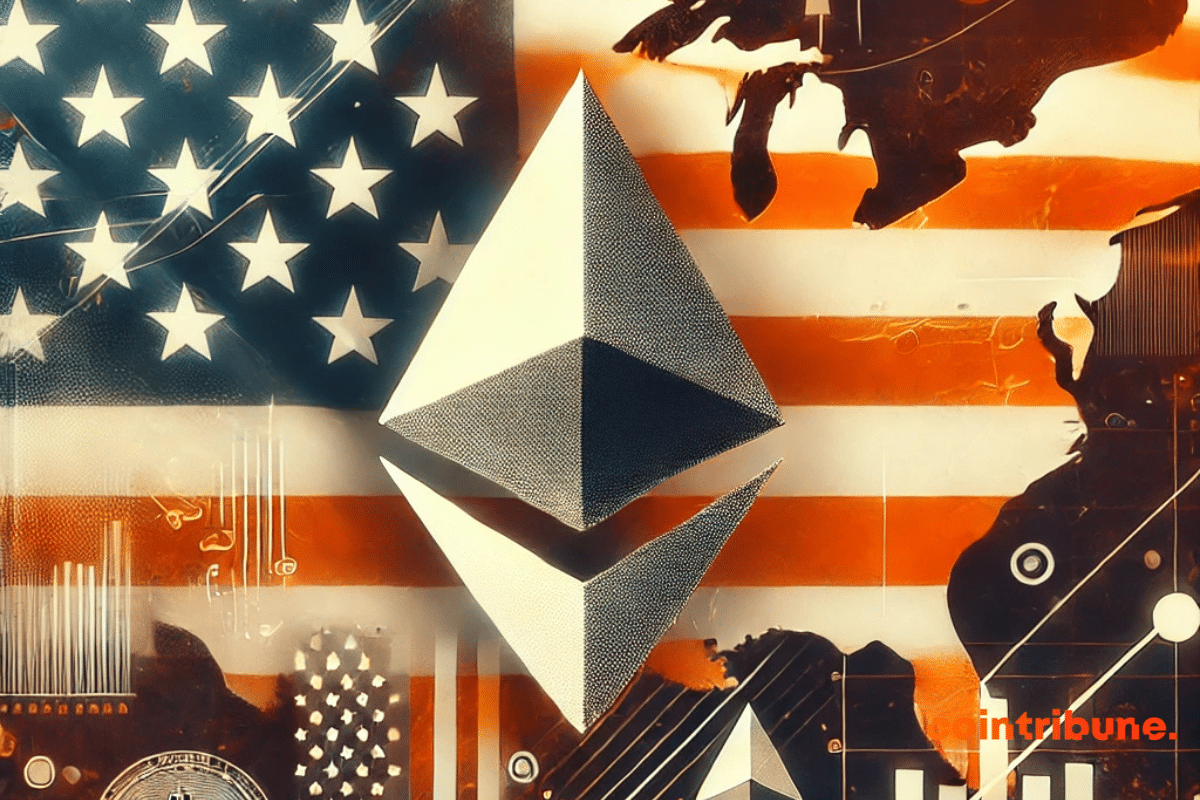 Le logo d'Ethereum sur un fond de drapeau américain.