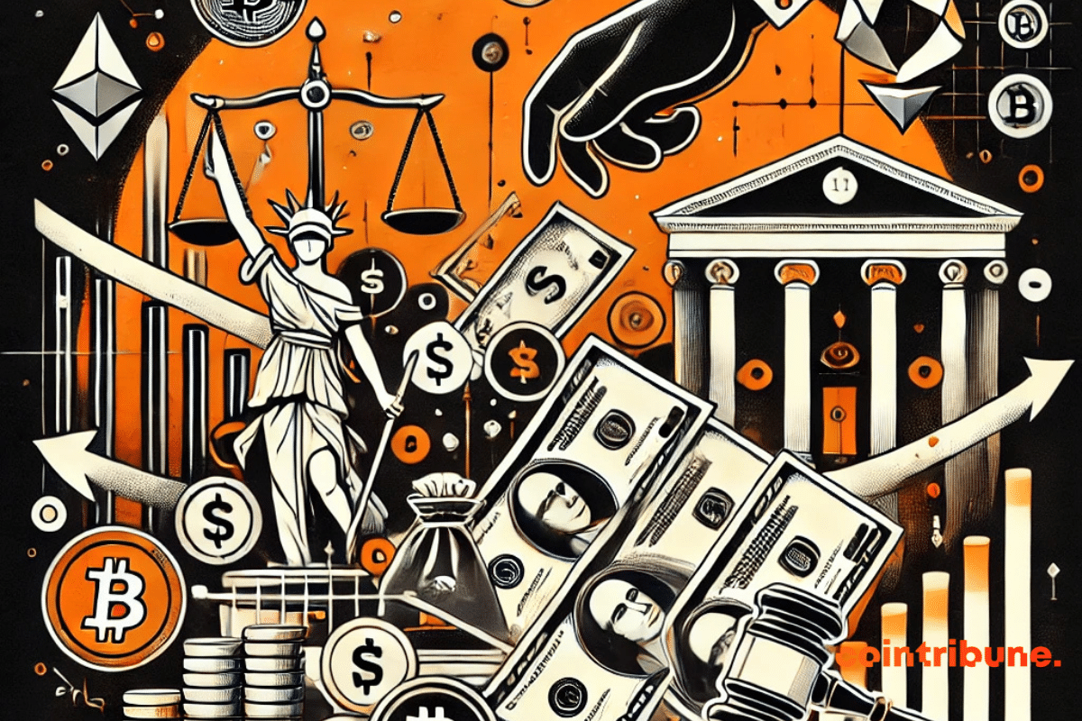 Une illustration symbolique mêlant justice, argent et cryptomonnaies, avec des éléments financiers comme des billets, des balances, des symboles de Bitcoin et Ethereum.