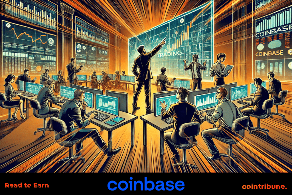 Des personnes en costumes dans une salle en train d'apprendre à trader sur Coinbase