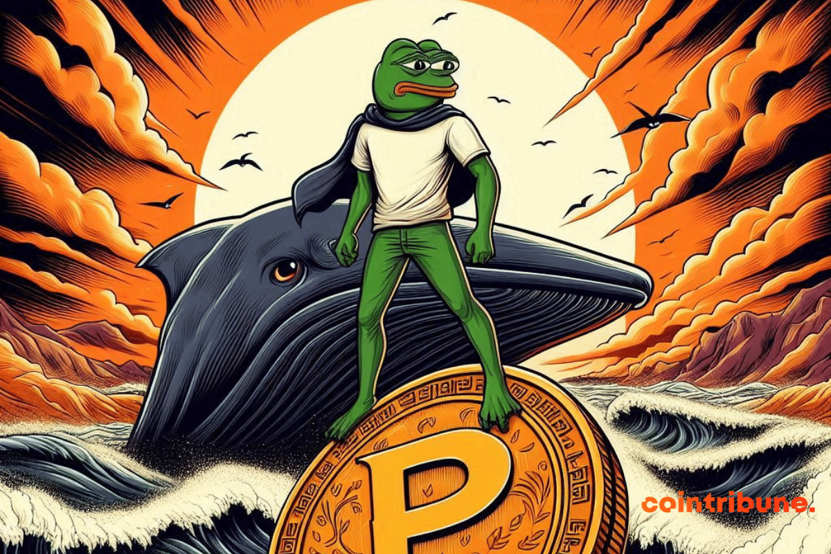 Rana que representa a PEPE surfeando sobre una moneda frente a una ballena