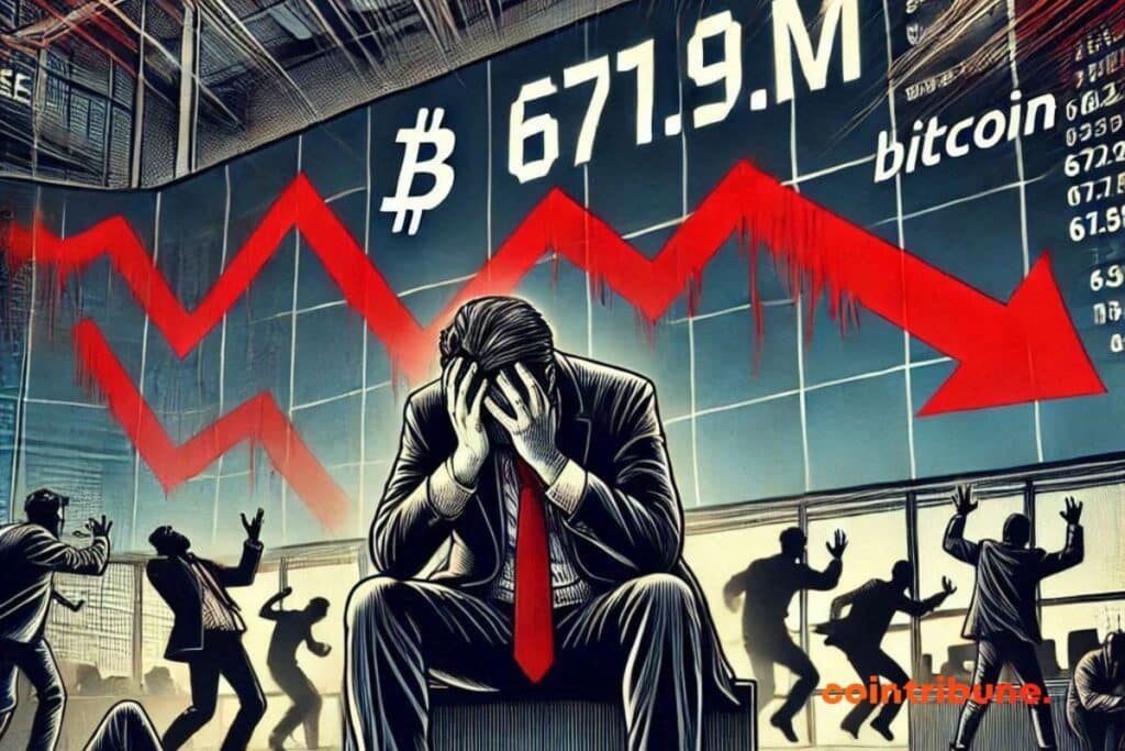 An investor in a suit, head in hands, stressed, with red downward arrows indicating falling Bitcoin ETFs.