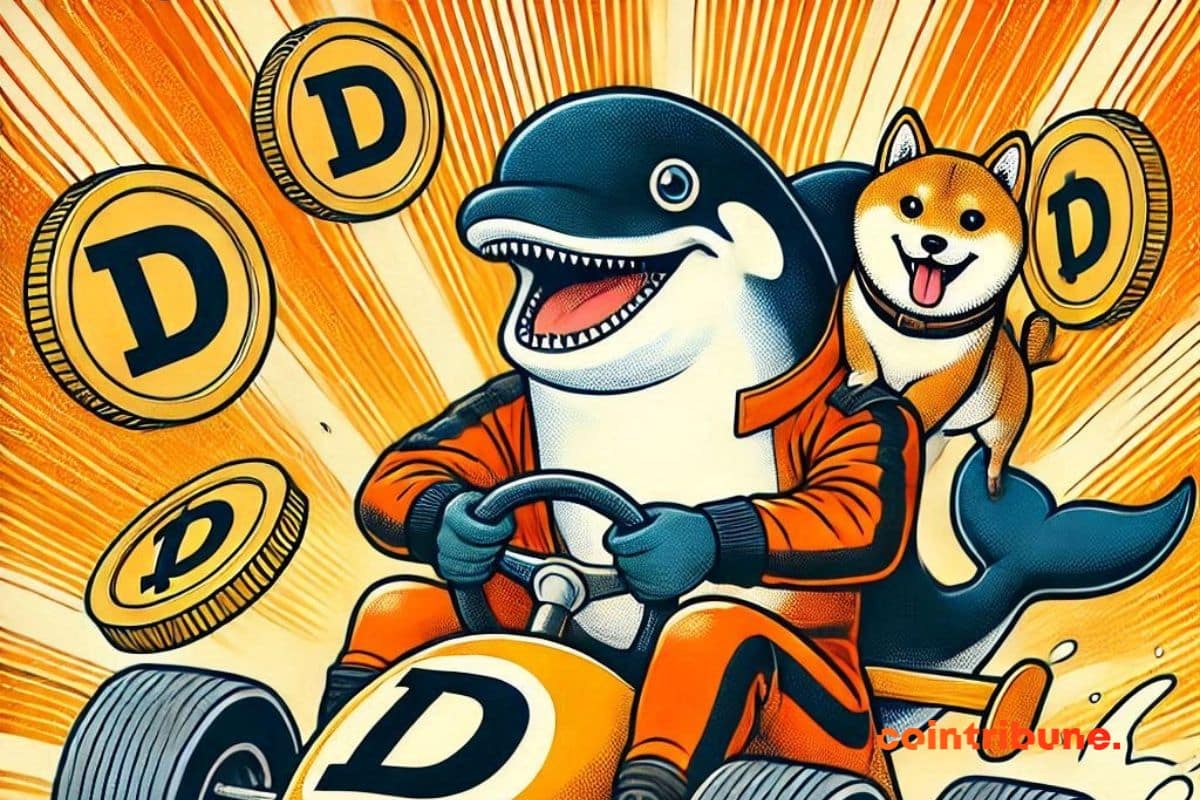 Una ballena monta con Dogecoin en el hombro y criptomonedas DOGE en el aire