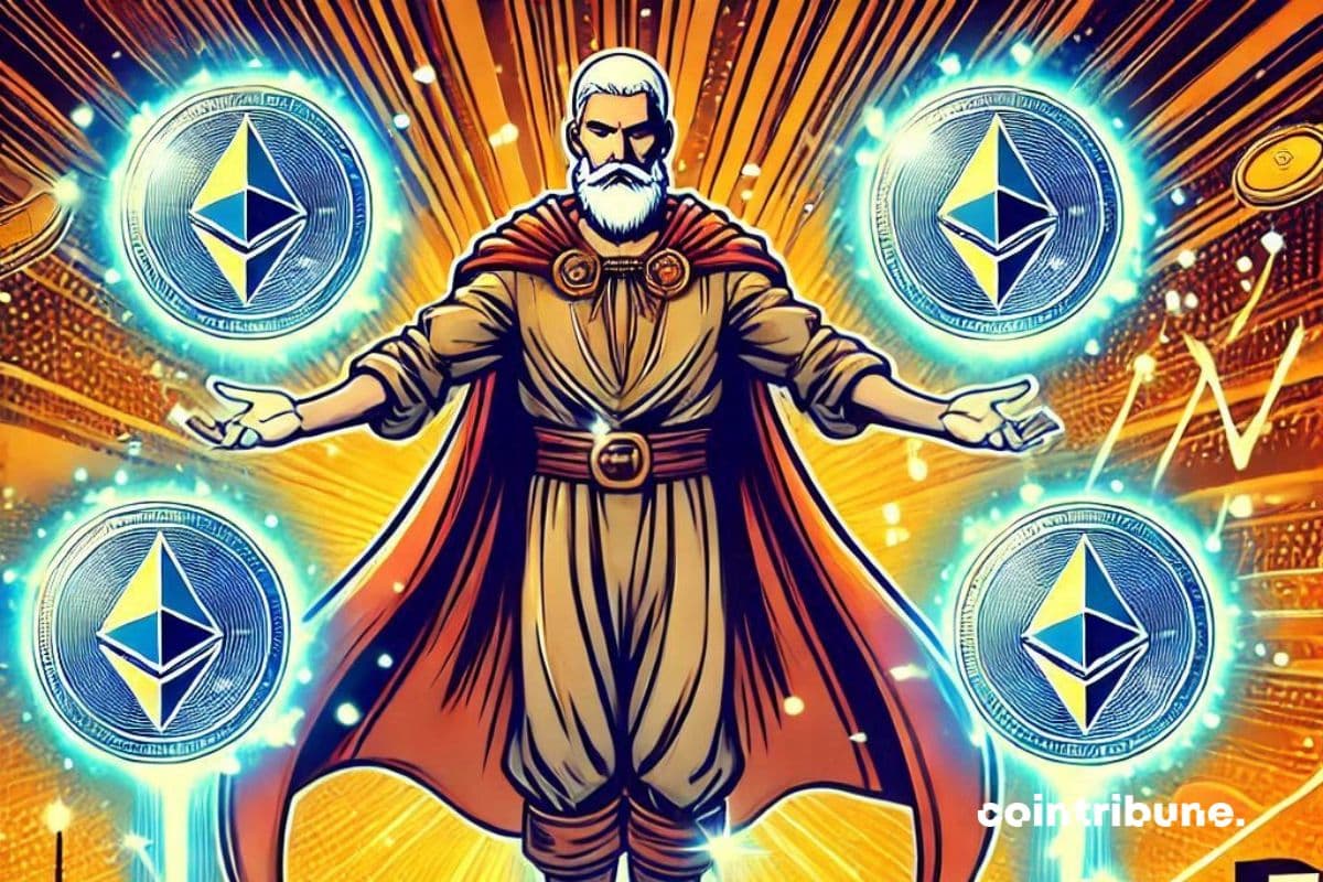 Un mage en lévitation entouré de quatre sphères lumineuses contenant chacune une pièce de la crypto Ethereum (ETH).