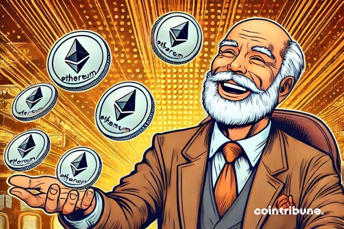 An elderly crypto investor tossing Ethereum (ETH) coins into the air, happy and content.