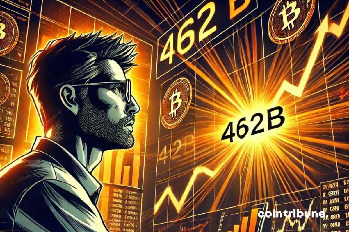 Una pantalla gigante muestra «462B». Primer plano de la cara de un operador de cripto enfocando unos gráficos que explotan hacia arriba.