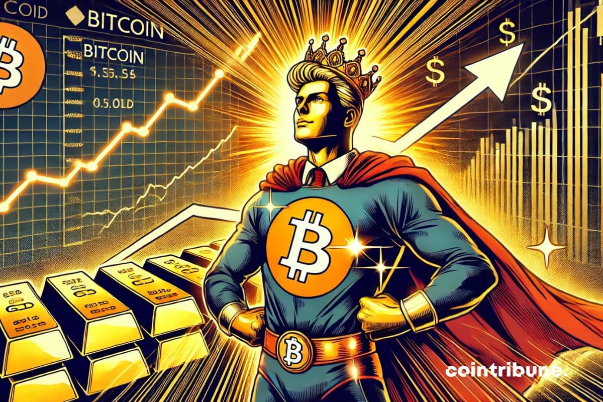 Un super héros en tenu bitcoin couronné roi à côté de l’or