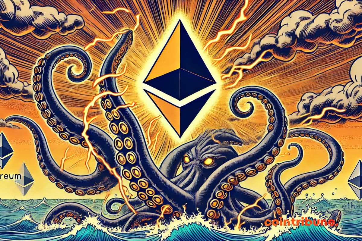 Un Kraken extendiendo sus tentáculos hacia la cripto Ethereum