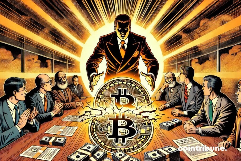 A man holding a broken bitcoin coin on a trading table