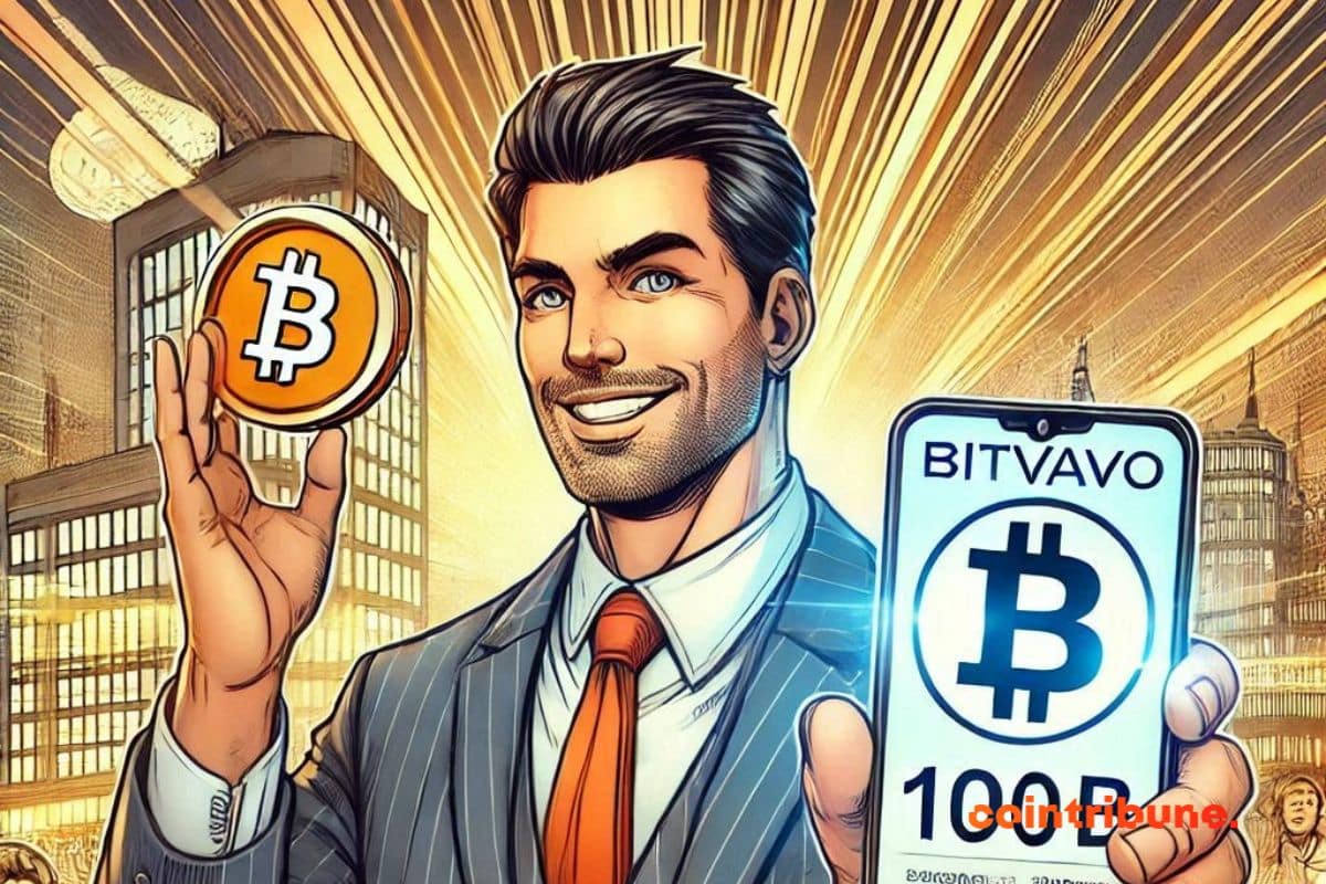 Un homme en costume tenant un téléphone avec bitvavo dessus et une pièce de la crypto bitcoin dans l’autre main