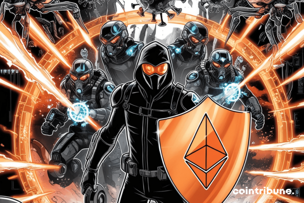 An apocalyptic scene where the hero emerges with an Ethereum shield