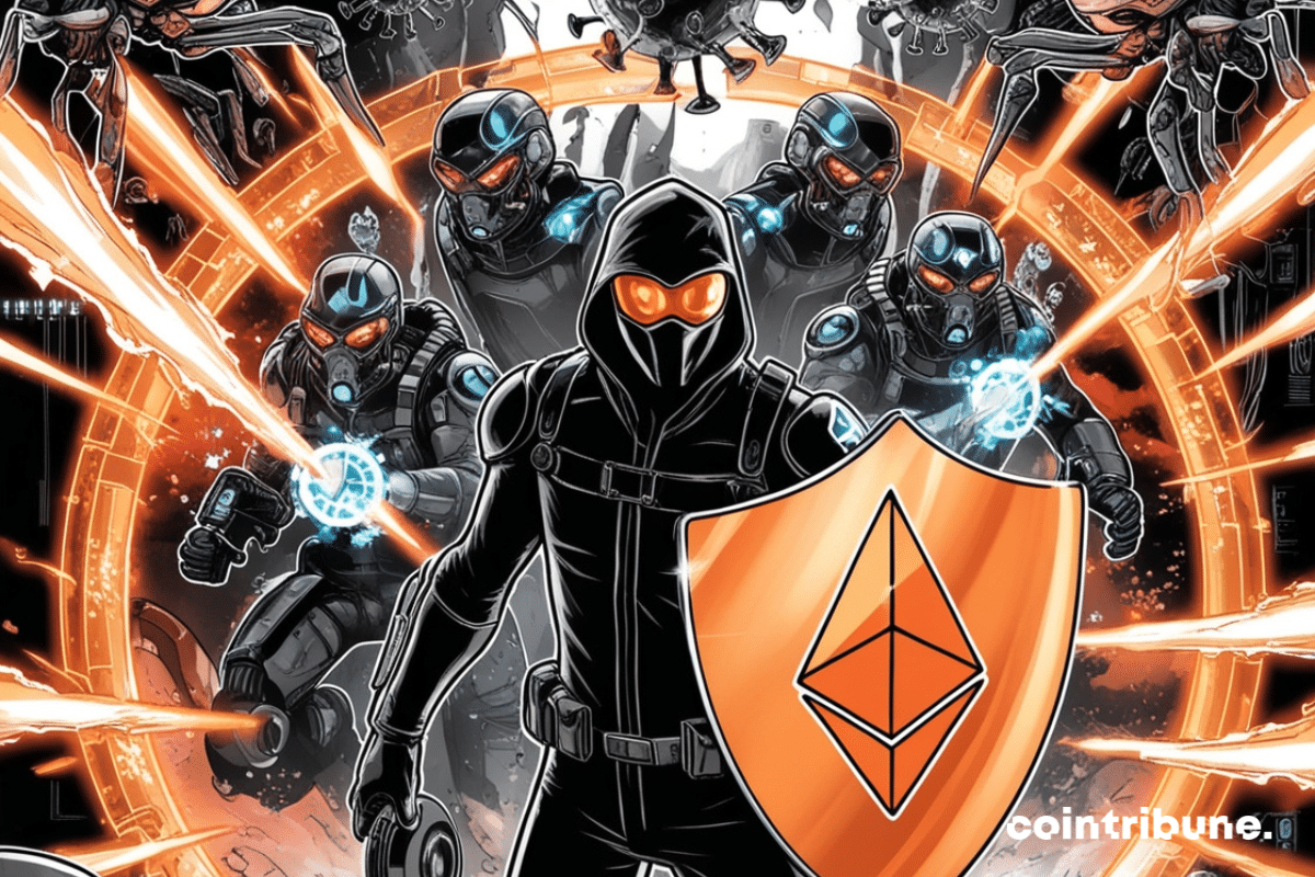 Escena apolíptica en la que un héroe emerge con un escudo de Ethereum