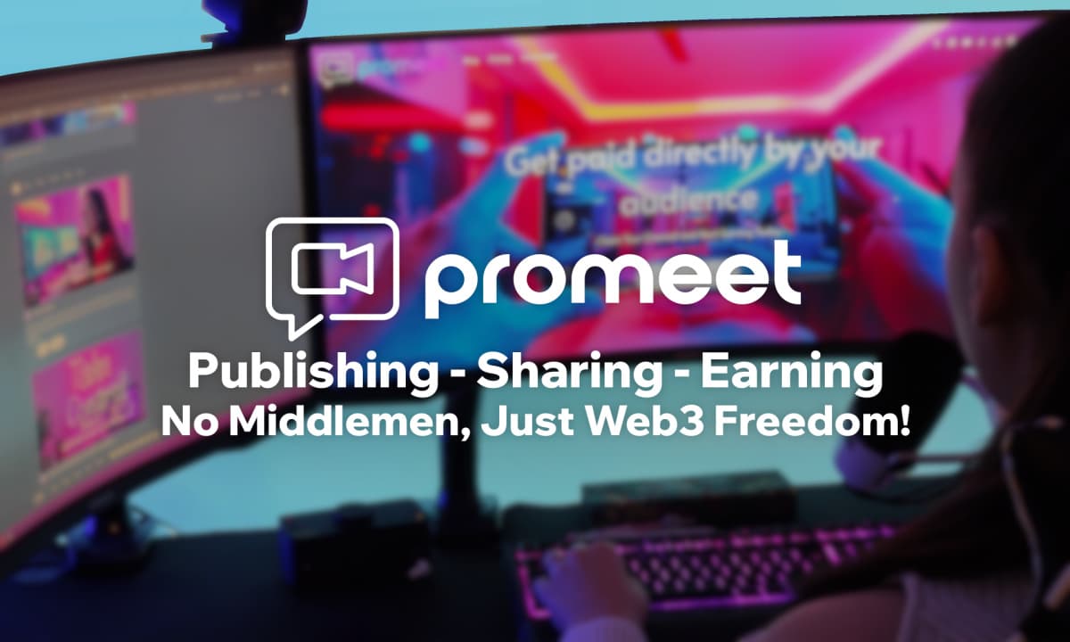 Une créatrice de contenu devant un écran lumineux avec le logo Promeet et le slogan "Publishing - Sharing - Earning: No Middlemen, Just Web3 Freedom!" affichés.